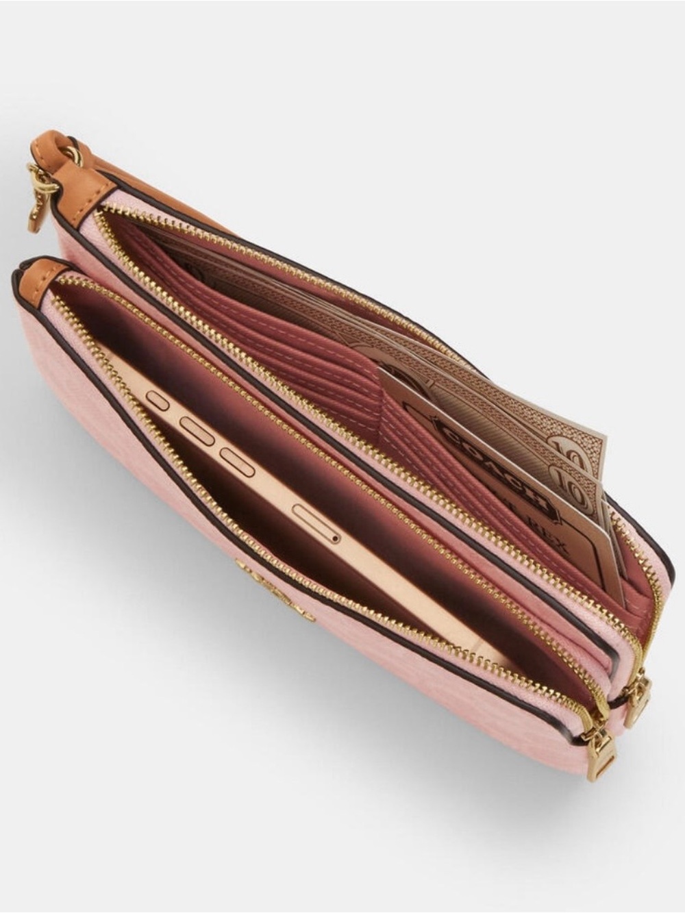 COACH Double Zip Wristlet in Powder Pink with Tea Rose Charm - Picture 8 of 9
